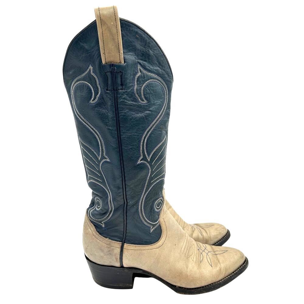 Larry Mahan Vintage 80s Leather Cowboy Boots Blue Off White Western 265 mm / 10